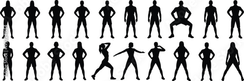 Fitness and bodybuilding silhouettes set, male and female athlete poses isolated on white background, sport workout vector illustration