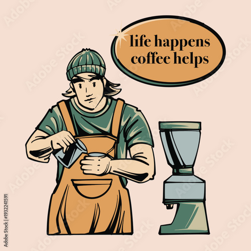 Handdrawn coffee barista retro illustration