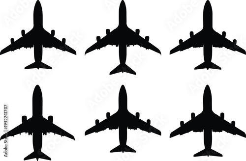 Six black silhouettes of passenger airplanes arranged in two rows on a white background, symbolizing air travel and aviation.