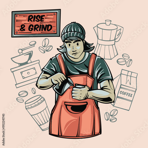 Handdrawn coffee barista retro illustration