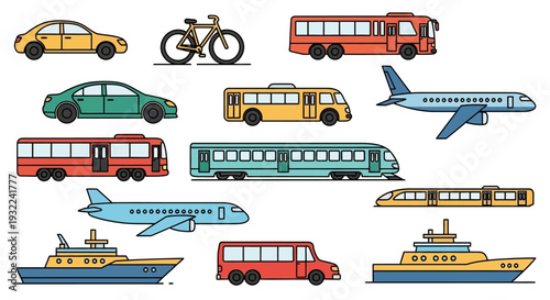 Collection of Various Vehicles and Transportation Modes.