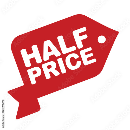 A vibrant red price tag displays the words half price in white