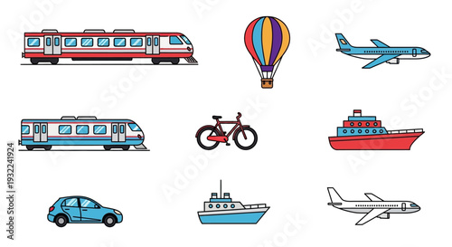 Transportation Vehicles and Travel Icons Set.