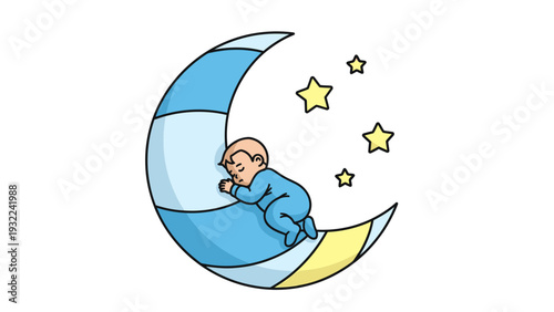 Cute baby sleeping on a crescent moon with stars, vector illustration for children's dreams and bedtime stories