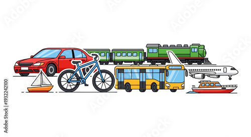 Various Vehicles Including Car Bicycle Train Airplane.