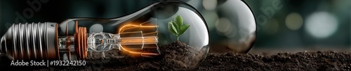 Close up of lightbulb on fertile soil with green sapling growing inside glowing warm light bokeh forest background renewable energy.