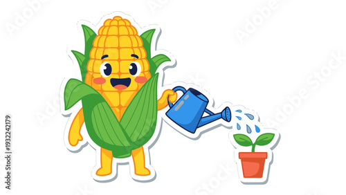 Cute Corn Character Watering Plant Vector Illustration for Healthy Eating and Agriculture Concepts