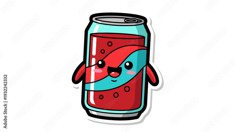 Obraz premium Cute Kawaii Soda Can Character Vector Illustration with Wavy Design, Adorable Beverage Mascot for Refreshment and Fun Branding