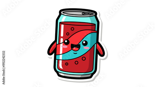Cute Kawaii Soda Can Character Vector Illustration with Wavy Design, Adorable Beverage Mascot for Refreshment and Fun Branding