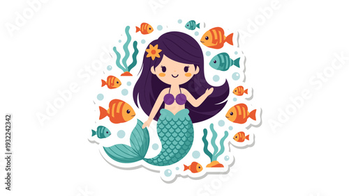 Cute Mermaid with Purple Hair and Teal Tail, Surrounded by Fish and Seaweed, Vector Illustration for Children's Fantasy and Ocean Themes