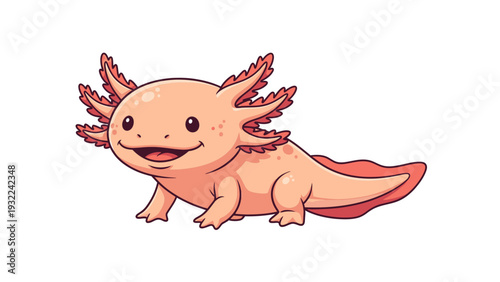 Cute Pink Axolotl Cartoon Vector Illustration, Adorable Amphibian Character with Frilly Gills, Ideal for Children's Educational Content and Cute Pet Graphics