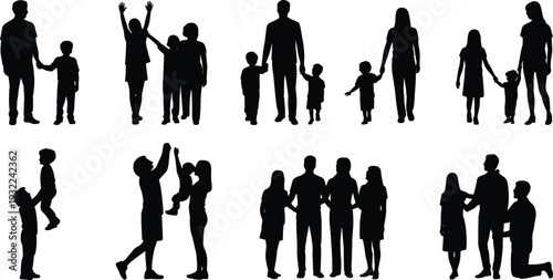 Family silhouettes set, parents and children together isolated on white background, happy parenting love and bonding vector illustration