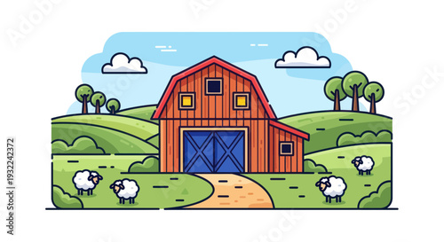 Countryside farm scene with red barn, green hills, and sheep grazing