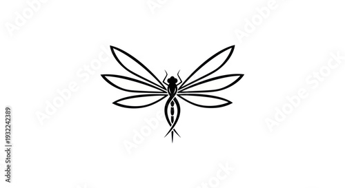 Elegant abstract dragonfly logo design, delicate insect silhouette with symmetrical wings