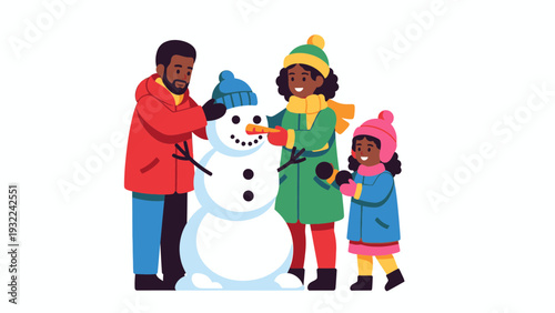 Diverse Family Building Snowman Together Outdoors in Winter Season, Joyful Outdoor Activity, Flat Vector Illustration Style