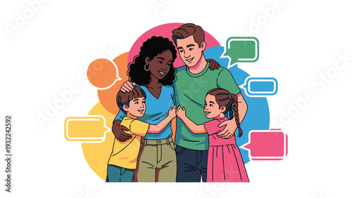 Diverse Family with Children Communicating with Speech Bubbles, Vector Illustration for Communication and Connection Themes