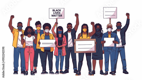 Diverse Group of People Protesting for Black Lives Matter, Vector Illustration, Social Justice Movement, Activism and Equality