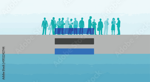 Diverse group of people standing on a gray platform over a blue and gray gap on Zero Discrimination Day