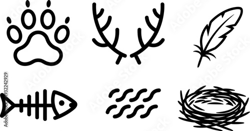 Wildlife outline icon set vector, animal paw antlers feather fish bone nest symbols isolated on white background