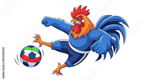 French Rooster Football Player Kicking Ball Vector Graphic Illustration for Sports and National Pride Themes