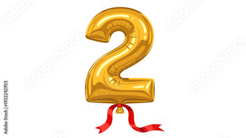 Golden Number 2 Balloon with Red Ribbon, 3D Render Typography Illustration for Celebration, Anniversary, or Birthday Mockup