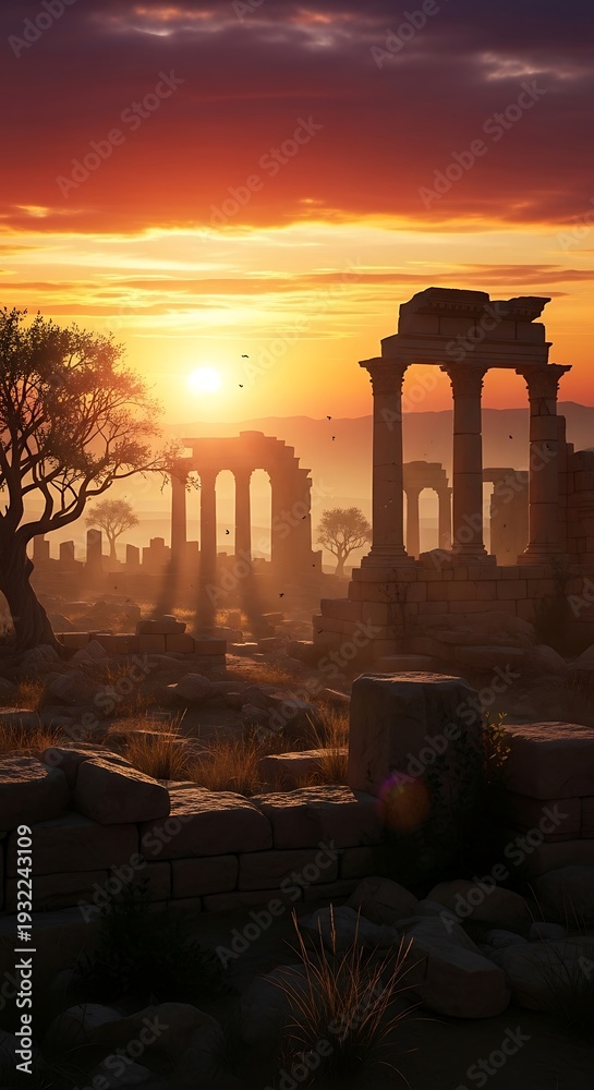 Fototapeta premium Ancient stone ruins glow under the warm light of a setting sun