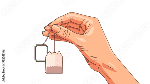 Hand Holding Tea Bag Mockup for Infusion Preparation, Isolated on White Background, Beverage Preparation Template for Advertising and Design