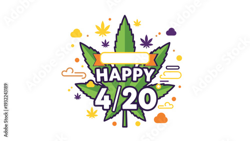 Happy 420 Marijuana Leaf Vector Illustration with Blank Banner for Text, Cannabis Celebration Graphic