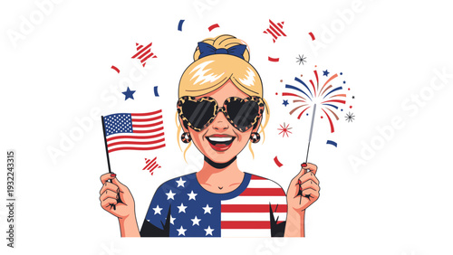 Happy Woman Celebrating Independence Day with American Flag and Sparkler, Festive Vector Illustration for US Holidays and Patriotic Events
