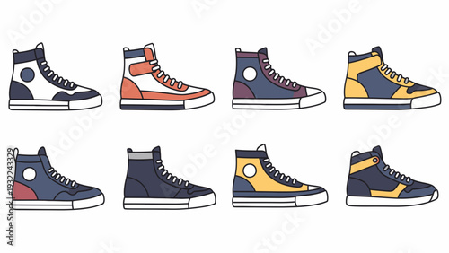 High Top Sneakers Vector Illustration Set, Casual Footwear Collection, Fashion and Style Graphics, Apparel Design Elements