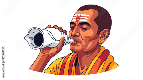 Hindu Priest Blowing Conch Shell (Shankha) in Traditional Attire, Religious Ritual, Spiritual Ceremony, Vector Illustration