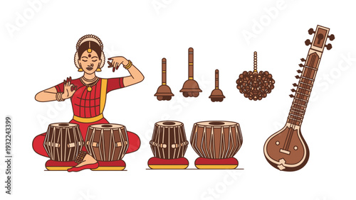 Indian Classical Dance and Music Icons Vector Illustration - Traditional Performance Art and Instruments Graphic Design