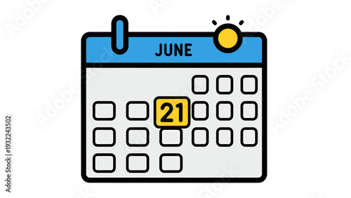 June Calendar Icon with Highlighted 21st Day, Clean Vector Illustration for Event Planning and Scheduling