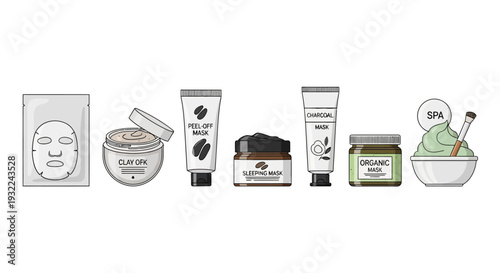 Comprehensive Collection of Facial Skincare Products Illustration Featuring Clay Mask Jar, Sheet Mask, Charcoal Tube, Organic Mask, and Spa Bowl with Brush.