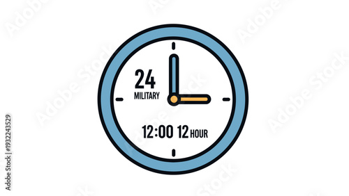 Clock Face Showing 12:00 PM and 24-Hour Military Time Conversion, Simple Vector Illustration for Time Management and Scheduling Concepts
