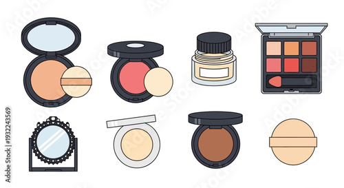 Set of Cosmetic Makeup Vector Illustrations Featuring Eyeshadow Palette Blush Powder Compacts Cream Jar and Mirror on a White Background for Beauty Branding Art