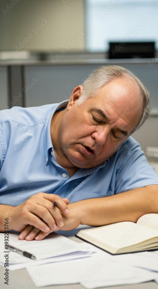 Fototapeta premium Exhausted senior businessman sleeping at office desk due to work burnout