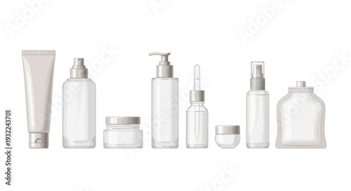 Minimalist cosmetic packaging mockup set featuring various white and frosted glass bottles, jars, tubes, and a dropper for skincare branding on white background