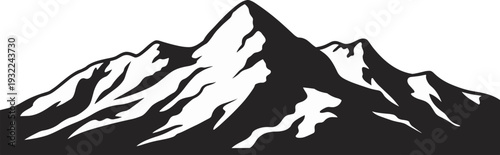 Snow capped mountain silhouette illustration, black and white alpine peak landscape isolated on white background vector design
