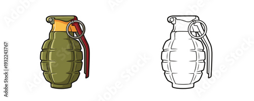 Military hand grenade in colored cartoon style and black line art version representing explosive weapon for defense and combat isolated on white background