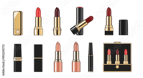 Premium vector collection of lipstick tubes and cases in shades of red, burgundy, and nude pink, featuring elegant gold accents on a clean white background.