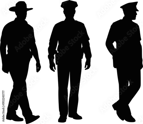 Silhouettes of police officers standing and walking in uniform, law enforcement figures isolated on white background illustration