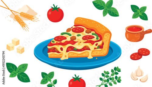 Delicious slice of pepperoni pizza on blue plate with fresh ingredients