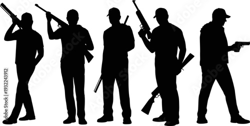 Silhouette of armed men holding rifles and handgun, tactical team standing together, security threat concept, isolated on white background illustration