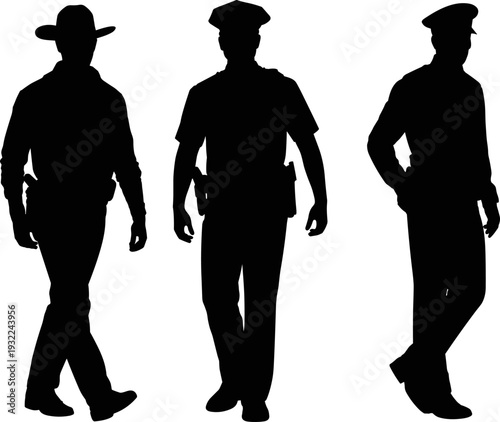 Silhouette of police officers standing in different poses, law enforcement security concept isolated on white background illustration