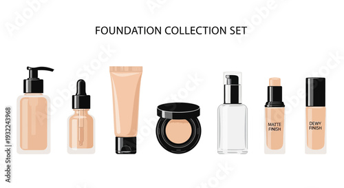 Professional Foundation Collection Set Vector Illustration Featuring Diverse Makeup Packaging Like Pump Bottles, Tubes, Dropper, Compact, Matte and Dewy Finish