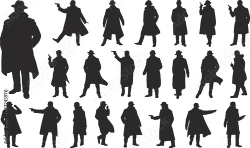 Set of detective silhouettes with handgun in trench coat, film noir style characters, crime investigation concept isolated illustration collection