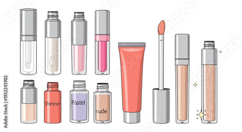 Comprehensive vector collection of stylish lip gloss and liquid lipstick tubes in pastel shimmer and nude shades featuring applicator wands and squeeze tubes
