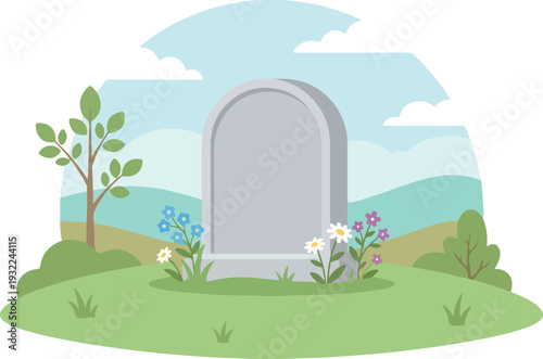 Serene cartoon gravestone in lush green landscape with vibrant flowers and trees