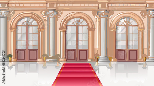 Ornate palace facade with arched windows a red carpet and columns